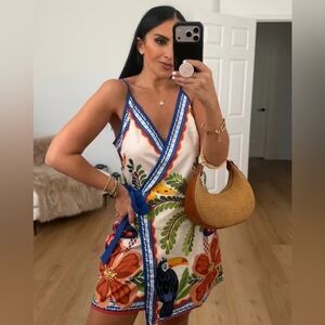 SHEIN White Tropical Print Mini Dress with Blue Trim and Orange Floral Accents